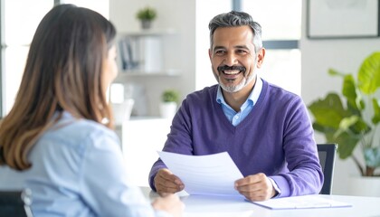 Interview setting with two people, a man and a woman, indoors, looking at documents and smiling, in an office environment
