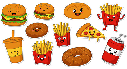 Cartoon Fast Food Set: Burgers Fries Pizza Donuts and Drinks with Cute Faces.