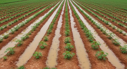 Row crops in water-filled furrows stretch to the horizon in an outdoor rural agricultural setting
