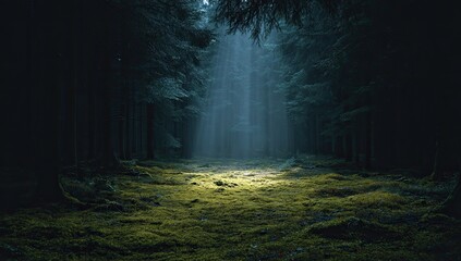 Fototapeta premium Dark forest path bathed in ethereal light