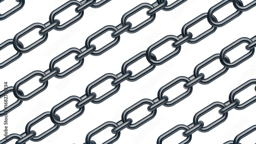 Poster interlocking metal chain links forming a repeating diagonal pattern on a white background