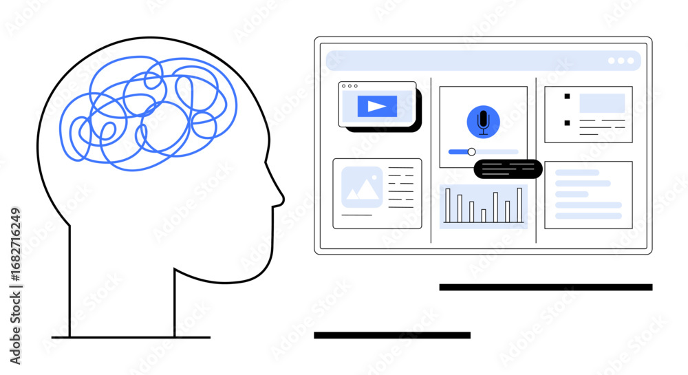 Aufkleber profile head with tangled lines inside brain paired with organized data dashboard featuring charts, 