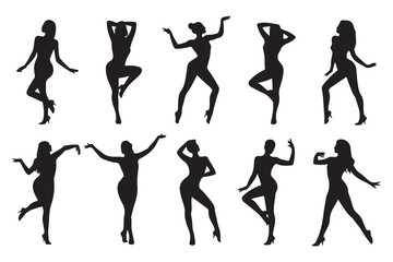 Set of Dancers Silhouette Bundle, Club Bundle, Dancing Women. Vector black silhouette. with white background