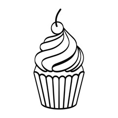 Isolated Cupcake with Cherry Topping Outlined on White Background Sweet Design