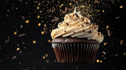 A chocolate cupcake with a swirl of frosting and sprinkles, set against a black background with a bokeh effect.
