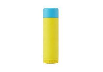 Yellow lip balm with blue cap on black on transparent background