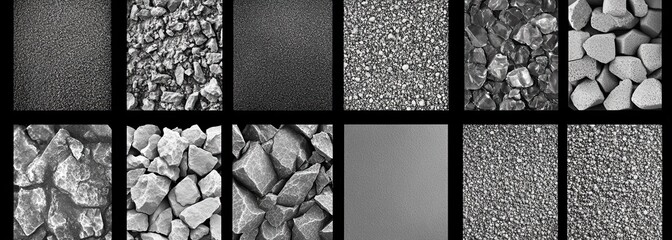 A grid of grayscale images showing various types and sizes of sand particles