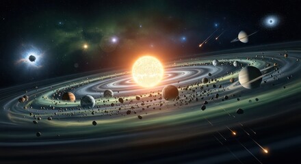 Detailed Illustration of a Solar System with Planets, Asteroids, and Stars