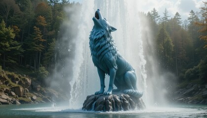 Majestic Wolf Statue Howling at Waterfall, Serene Forest Backdrop