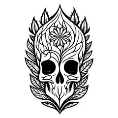 Intricate line drawing featuring a stylized skull interwoven with floral and botanical elements
