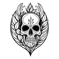 Intricate line drawing of a skull surrounded by leaves evokes mortality and ephemeral beauty