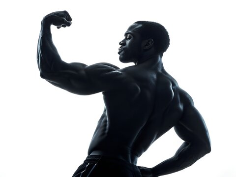 Silhouette of a muscular man flexing his biceps isolated on white background