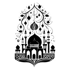 Intricate monochrome architectural drawing showcases heritage and cultural influences with floral