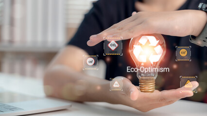 Eco optimism and green innovation concept with light bulb symbolizing renewable energy and carbon...