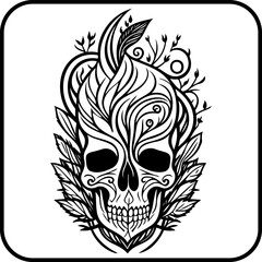 Intricate monochrome depiction of a skull embellished with ethereal foliage and botanical