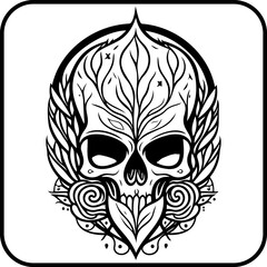 Intricate monochrome skull illustration adorned with botanical elements creating a unique fusion