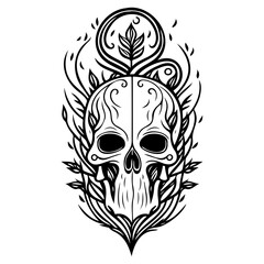 Intricate monochrome skull with botanical flourishes, an artistic exploration of mortality and