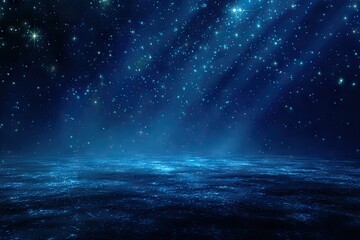 Deep blue night sky, starlit, ethereal, misty ground