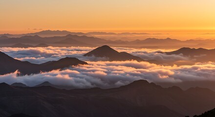 Layers of Mountains and Sea of Clouds Under the Morning Sun