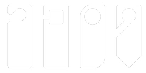 Hotel room door hanger mockup with paper tag shapes. Vector design template for die cut signs with handle hook. Cardboard flyer layout for hang labels isolated on white background