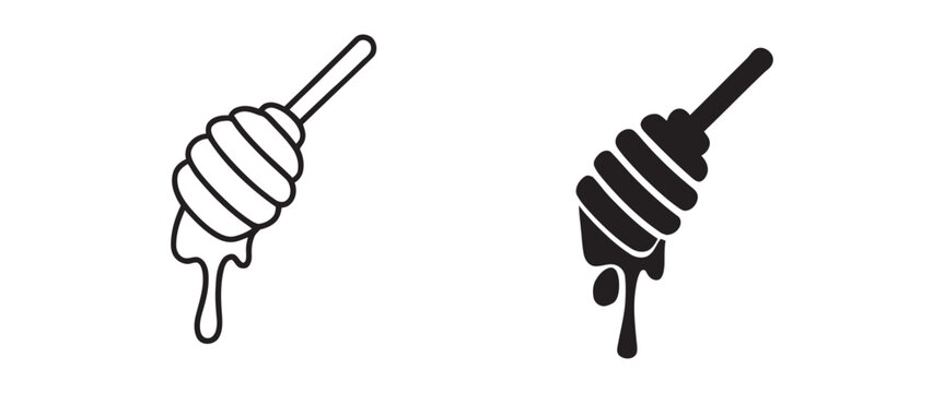 Simple honey dipper spoon with dripping honey icon set, line and solid fill vector illustration 