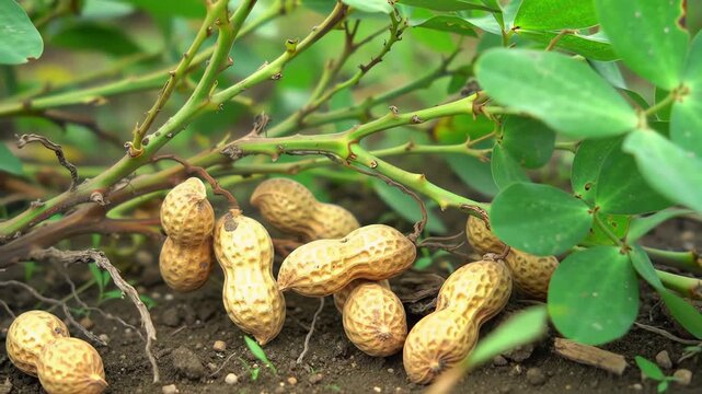 Organic peanut harvest showing ripe groundnuts on the farm soil with green plant foliage