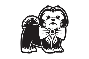 Elegant Black and White Shih Tzu Dog with Bow on White Background