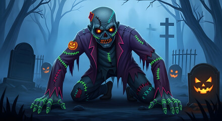 A cartoon zombie crawling in a graveyard with glowing pumpkins and tombstones in a spooky halloween scene