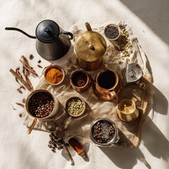 Naklejka premium Global coffee brewers flat lay for Coffee Day: Japanese pour-over, Italian moka, Turkish cezve, French press with beans and spices on linen, natural light