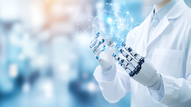 Scientist in Lab Coat Holding Robotic Hand with Digital Network Overlay