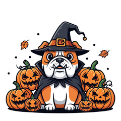 Cute Bulldog in Wizard Costume Surrounded by Carved Pumpkins Halloween Pet Artwork