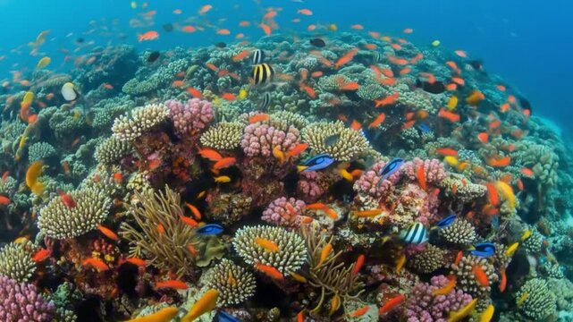 Vivid coral reef teeming with fish vibrant orange blue yellow and pink colors dominate the scene