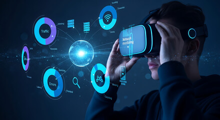 Man using vr headset with network monitoring data visualization in a futuristic environment scene