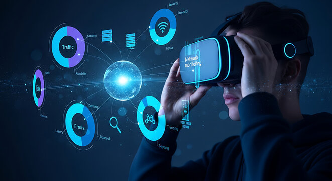 Man using vr headset with network monitoring data visualization in a futuristic environment scene