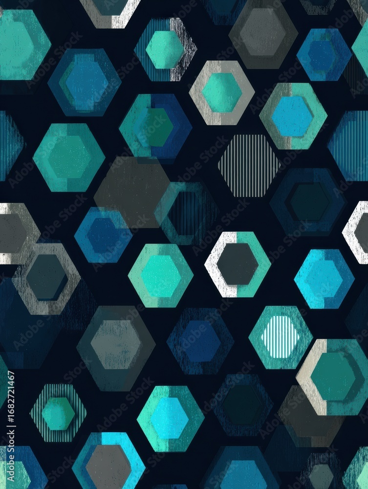 Poster geometric pattern of hexagons in varying shades of blue and teal against a dark background showcasin