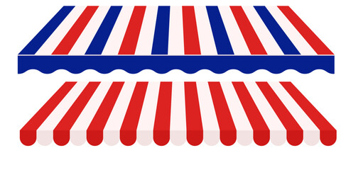 Obraz premium Red White and Blue Tent Canopy Vector Illustration. Striped Awning Roof for Market or Restaurant Use. Classic Outdoor Fair Style Sunshade Isolated on White.