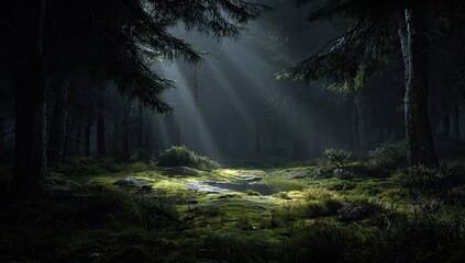 Sunlight streams through a dark forest