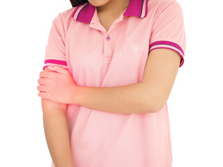 Woman suffering from arm pain, painful in arm muscles. Health care and medical concept. 