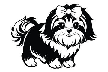 Cute Black and White Shih Tzu Puppy Dog with Bow on White Background