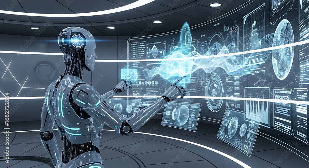 Poster a humanoid robot interacting with futuristic holographic display in a modern environment