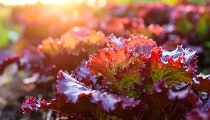 Close-up of vibrant red lettuce leaves in a garden, bathed in golden sunlight