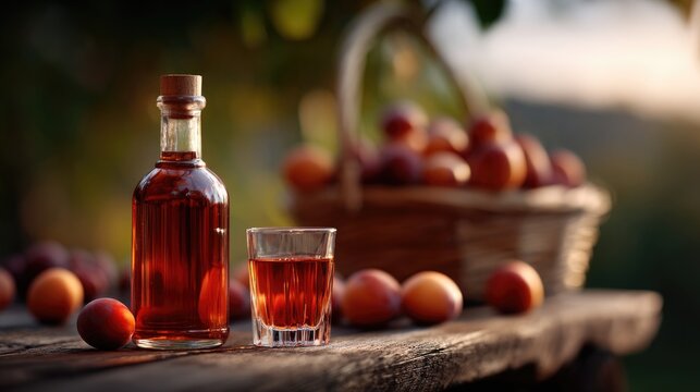 A small glass of clear plum brandy sits on a rustic wooden table beside a clay bottle