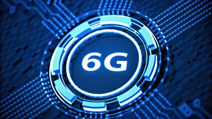 Futuristic 6G technology concept with a blue circuit design on a digital background.