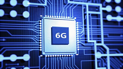 Futuristic 6G technology chip on a circuit board with blue lighting.