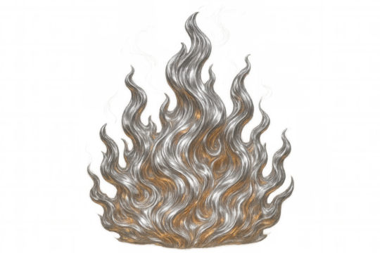 Metallic silver and gold flames rising with a transparent background, perfect for graphic design projects