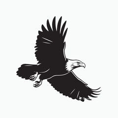 A black and white illustration of an eagle in flight. 