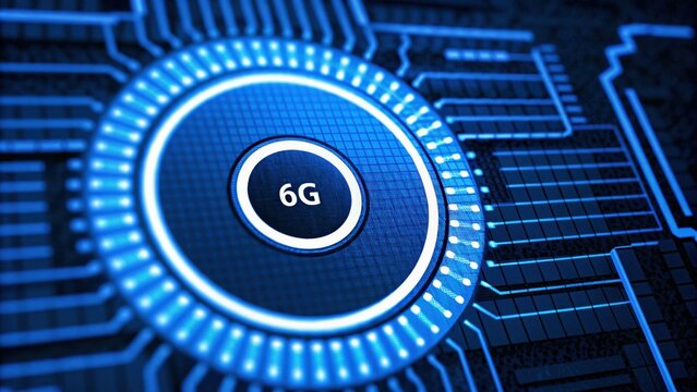 High-tech circuit design featuring a prominent 6G symbol in glowing blue.