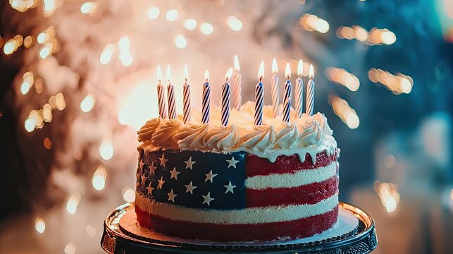 A birthday cake with American flag design, lit with candles, against a blurred background with festive lights. - Powered by Adobe