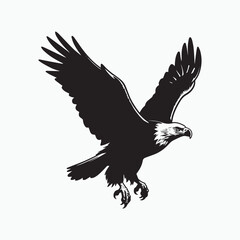 A black and white illustration of an eagle in flight. 