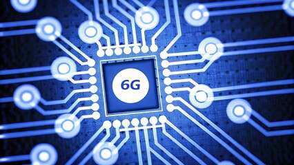 Close-up of a microchip illustrating advanced technology and 6G connectivity.
